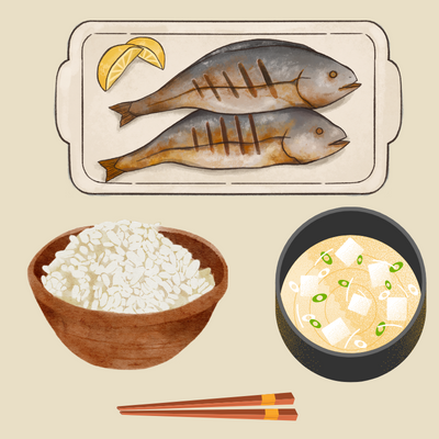 ご飯とおかず（焼き魚）と味噌汁のイラスト