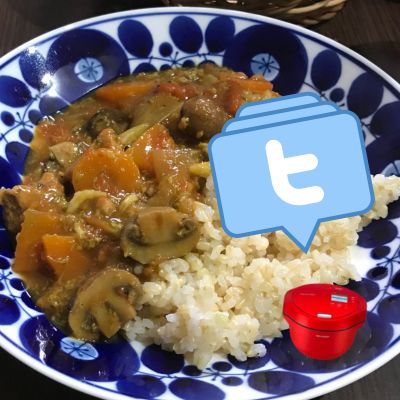 カレーライスがお皿に盛りつけられた写真とホットクックとTwitterのイラストの画像