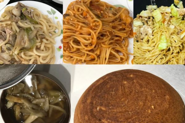 ホットクックで作った、焼きうどん・パスタ・焼きそば・蕎麦汁・ホットケーキの写真